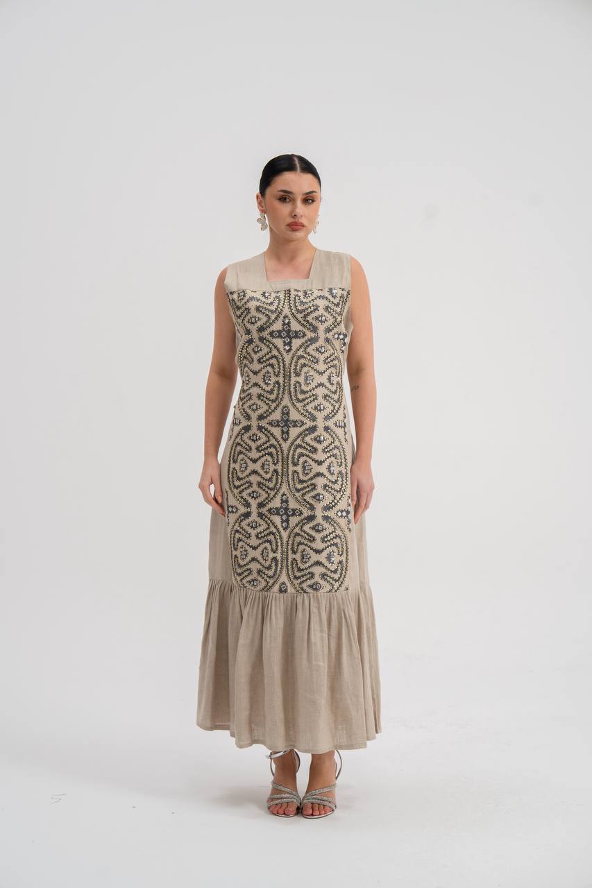 Abaya and dress set, linen with embroidery. C:6741