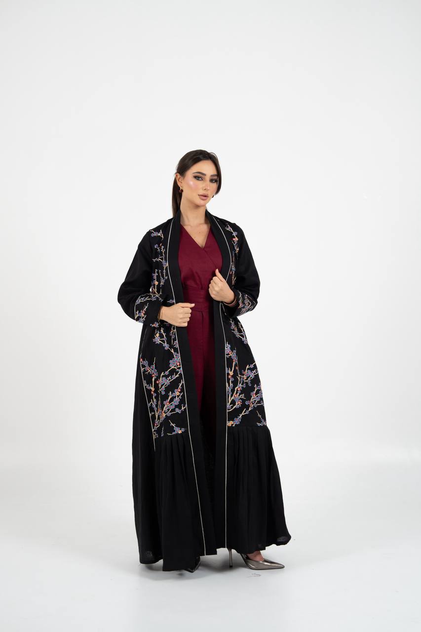 Linen abaya in black with embroidery. C:6760 Black