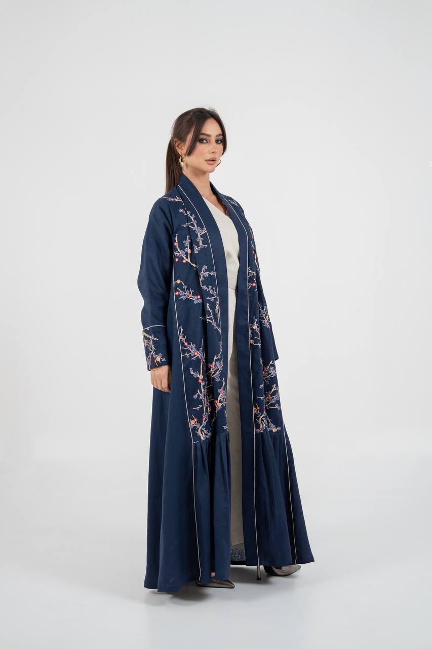 Linen abaya in navy blue with embroidery. C:6760 Blue