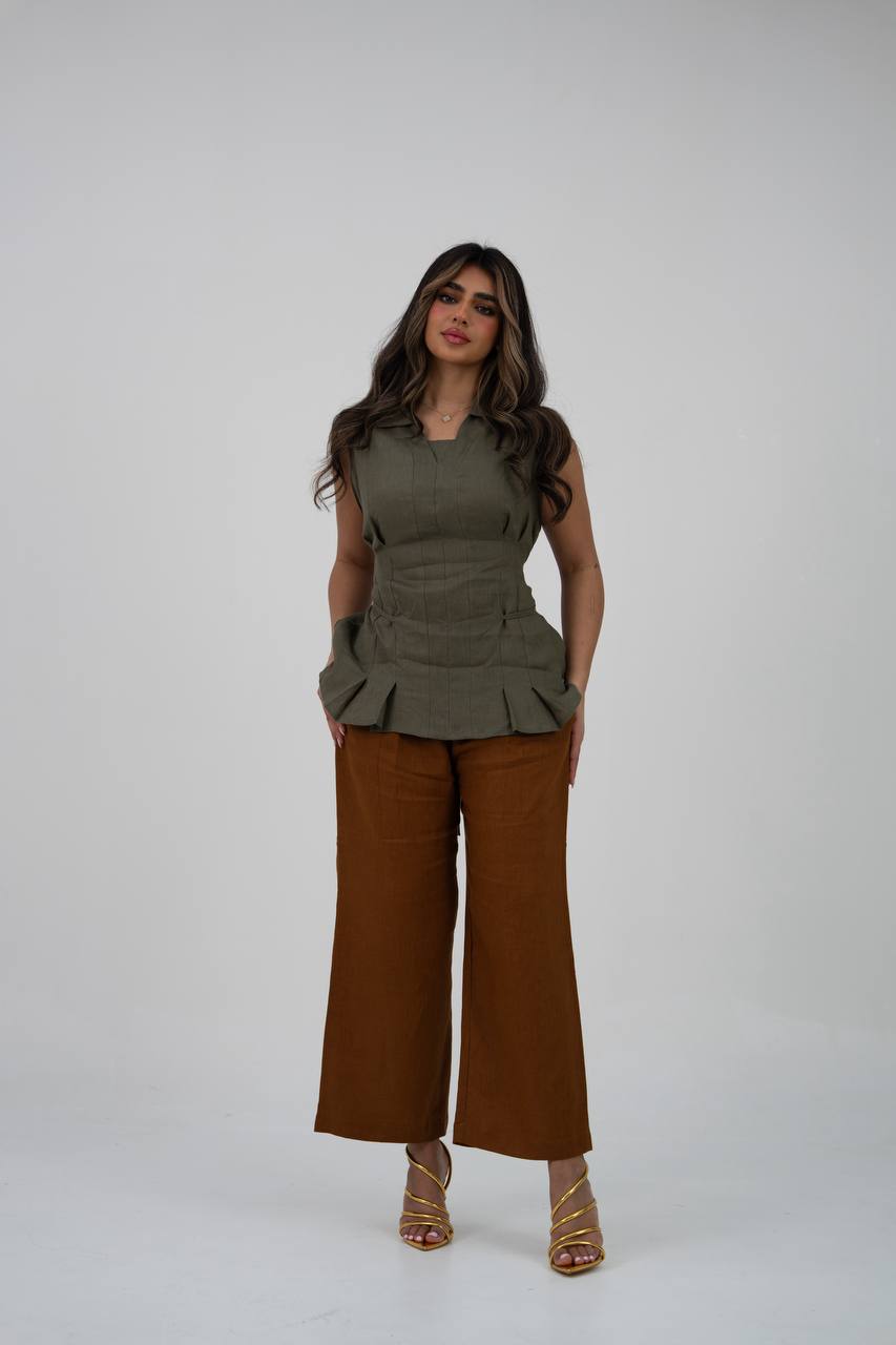Linen blouse and pants set. C:229 Green/Camal