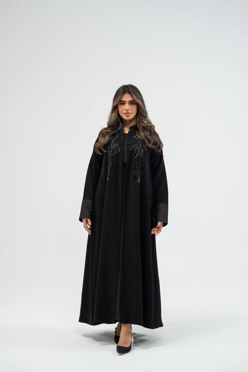 Black crepe abaya with hand-stitched details. C:6748 black.  crepe