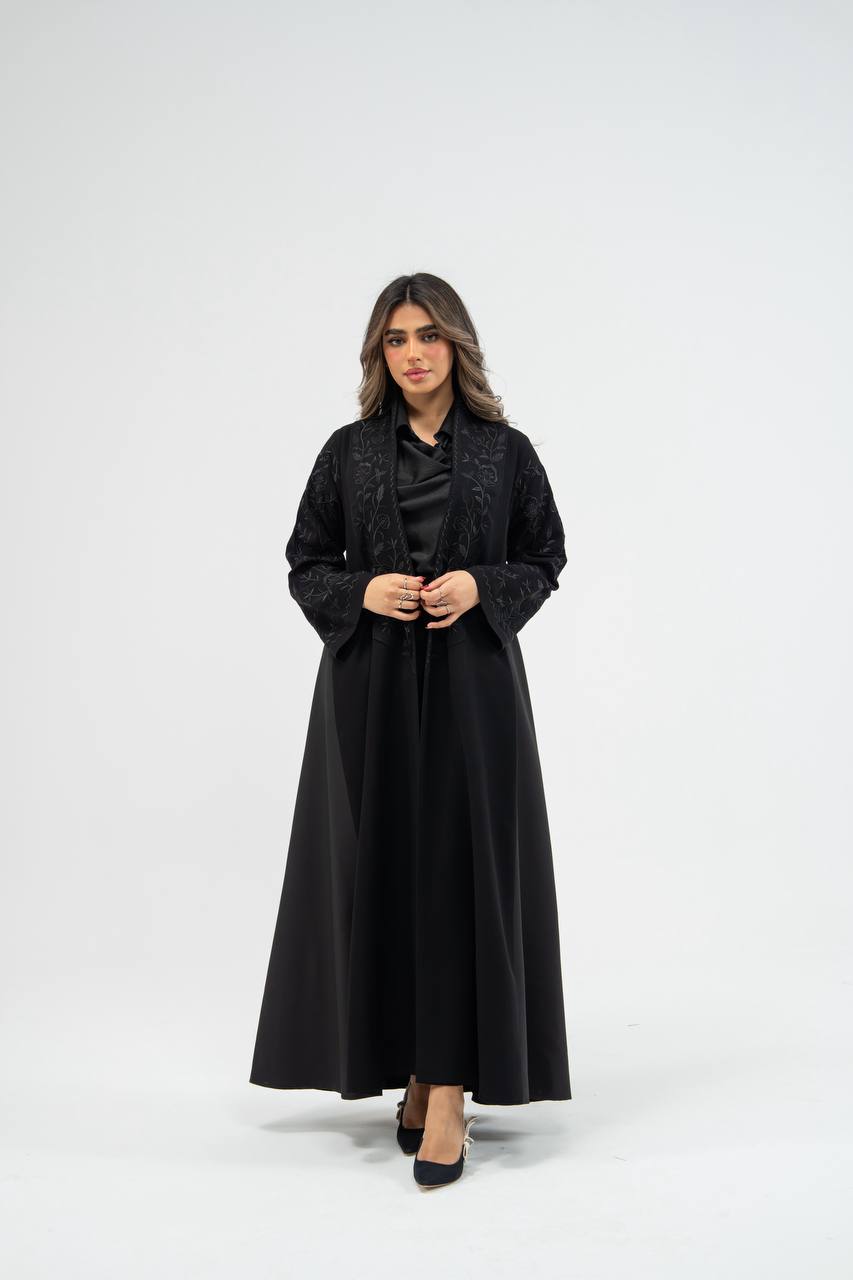 Black crepe abaya with embroidery . C:6710 black crepe