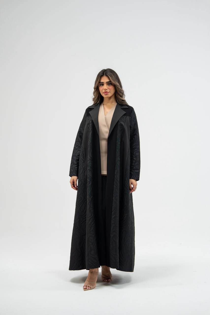 Black crepe abaya with jacquard detailin.  C:6775
