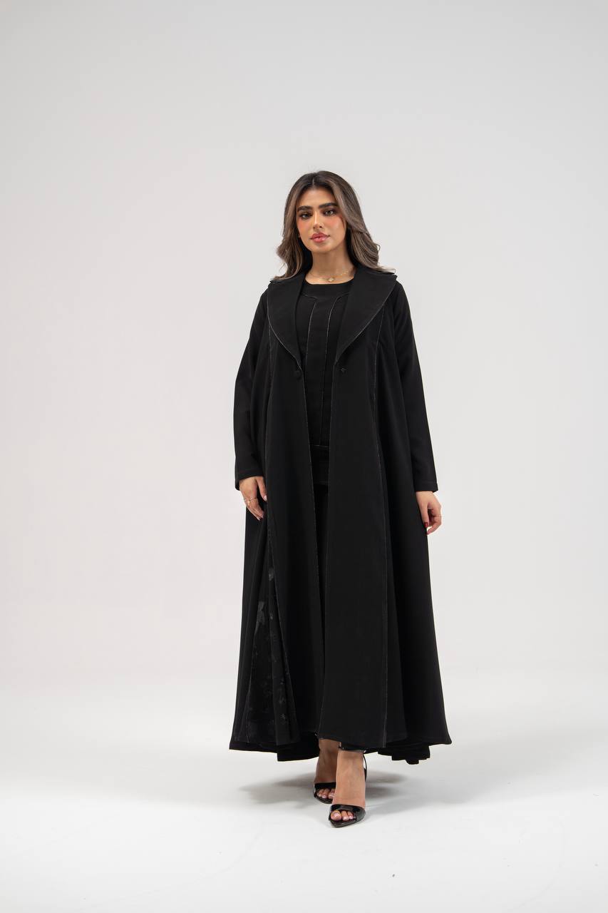 Black crepe abaya with embroidery. C:6770 BLACK