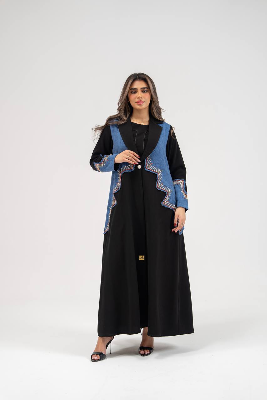 Black crepe blazer abaya with hand-stitched details. C:6771