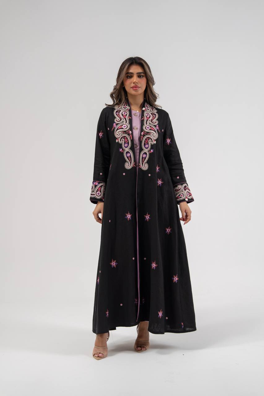 Linen abaya in black with embroidery. C:6772 Black