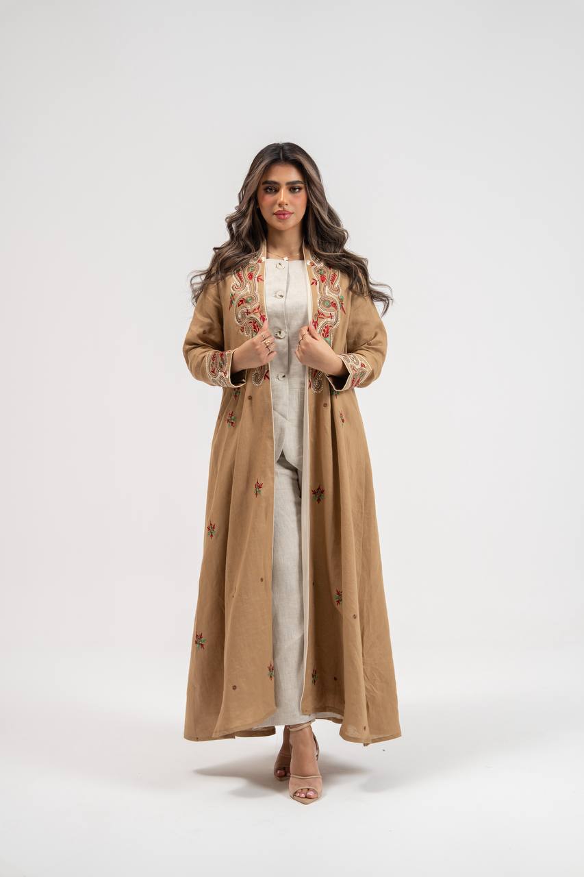 Beige linen abaya with embellishments. C:6772