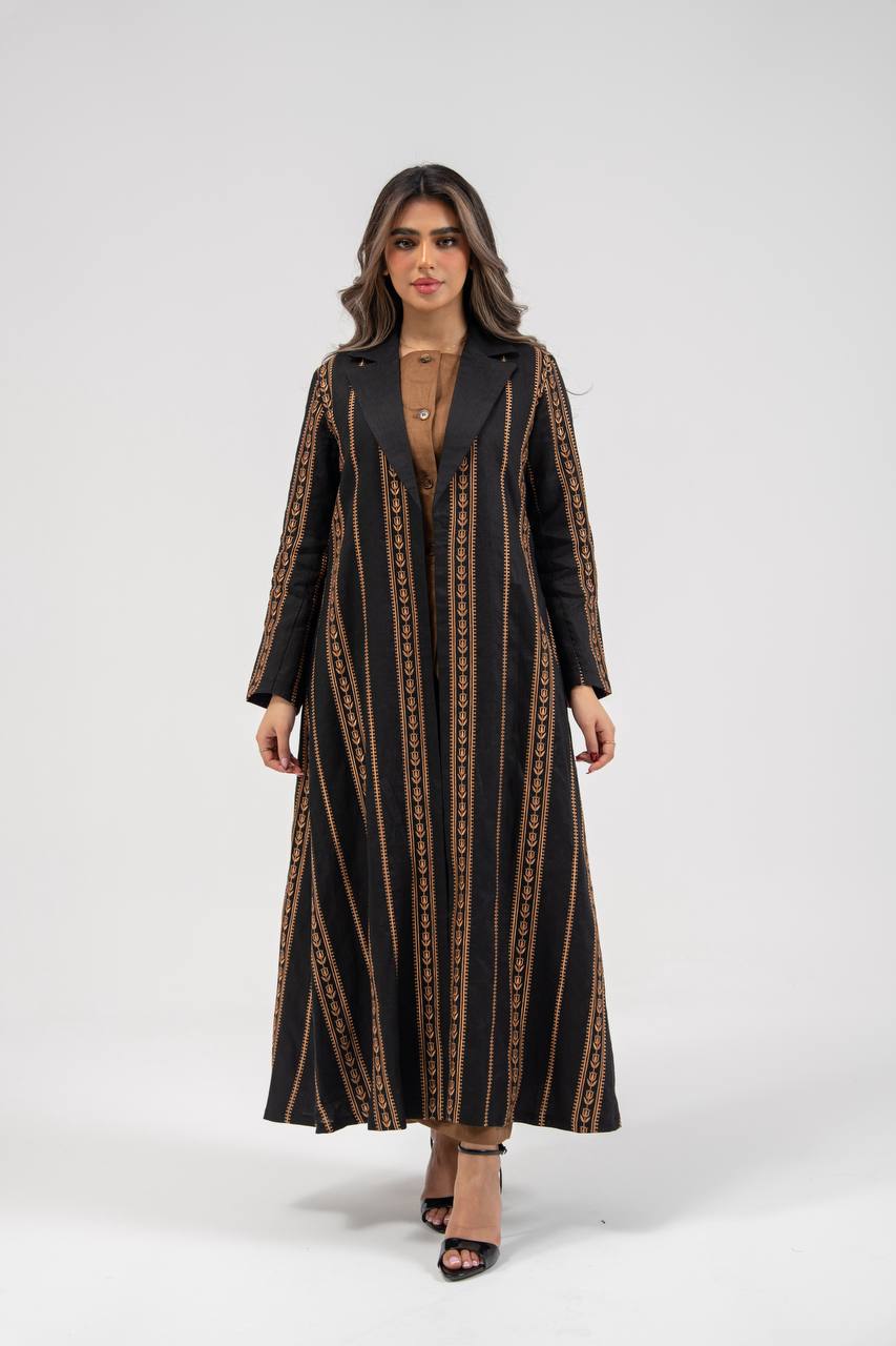 Linen abaya in black with embroidery. C:6764