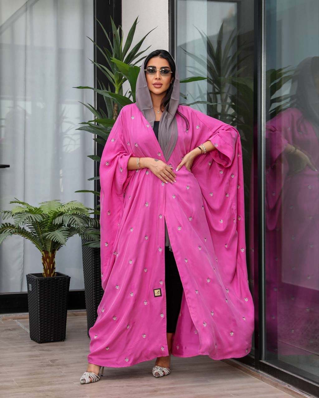 Pink silk crepe abaya with hand embroidery and beading. C:6387