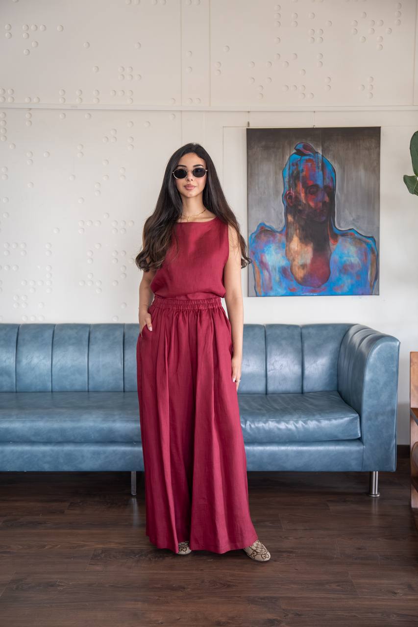 Red linen blouse and pants set. C: 235 red