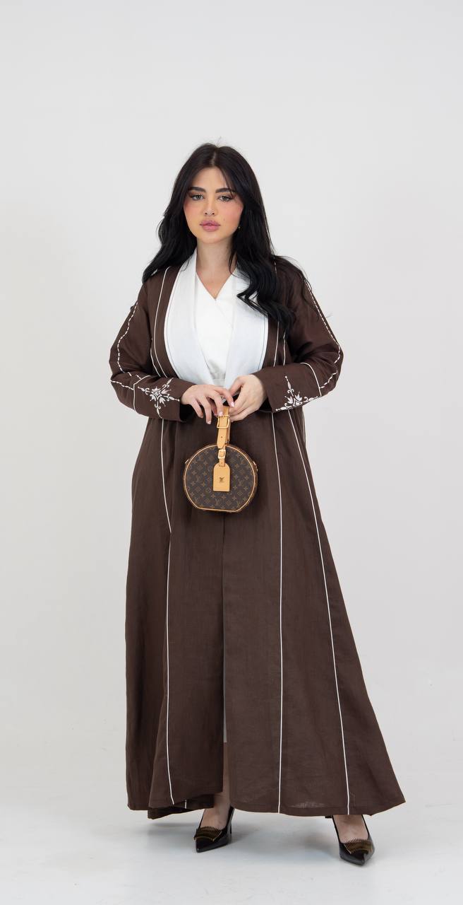 Linen abaya in brown with embroidery. C:6782