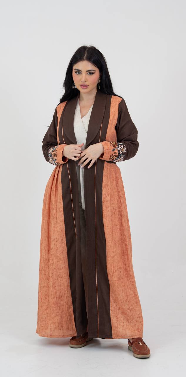 Linen abaya in brown and orange with hand-beading. C:6781