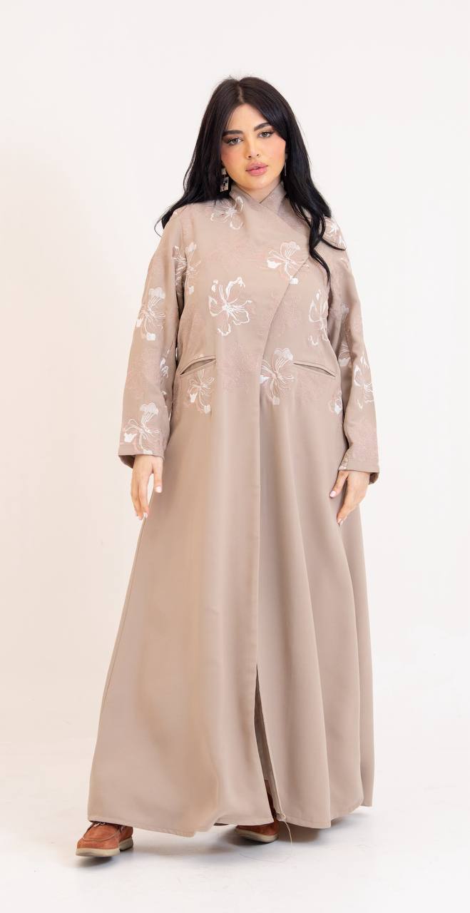 Beige crepe abaya with embroidery.C:6765