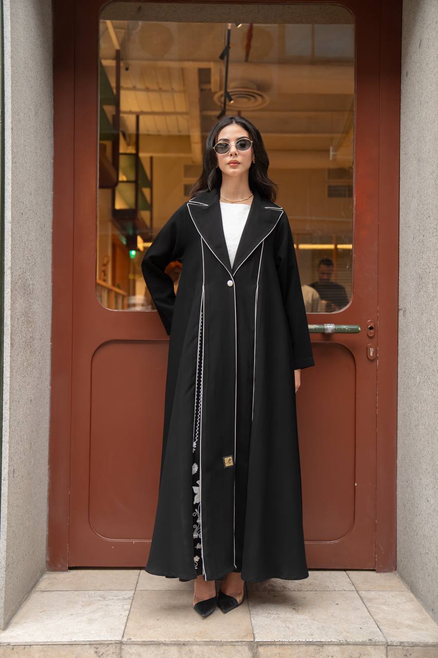Black crepe abaya with white embroidery. C:6770