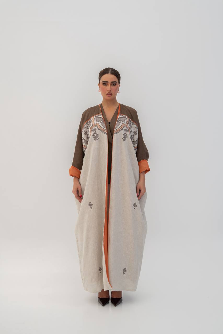 Beige linen abaya with embroidery. C:6785