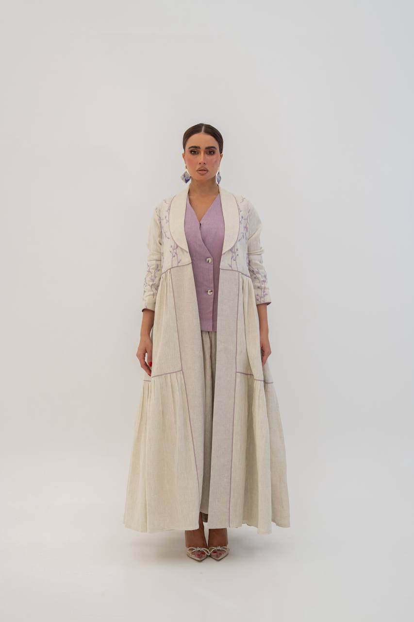 Beige linen abaya with embroidery. C:6786