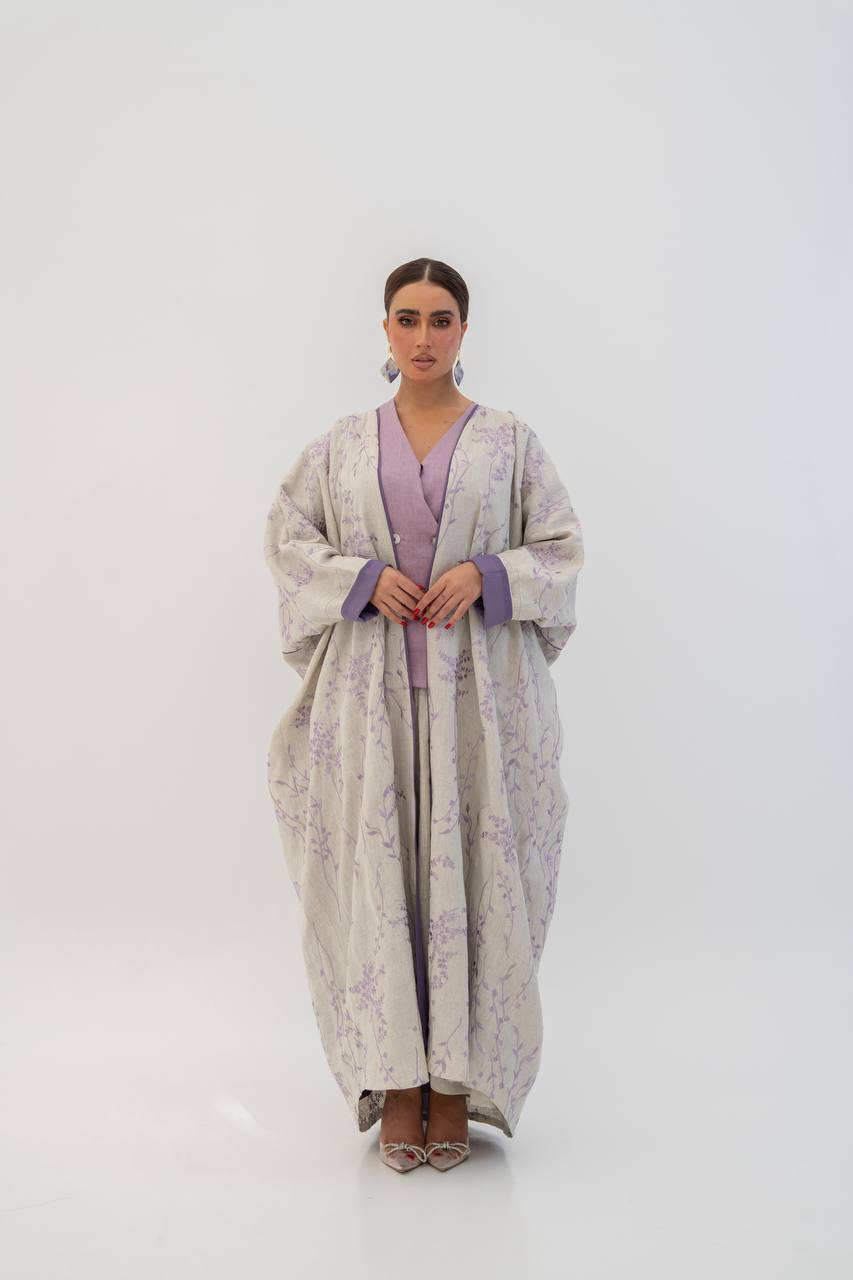 Beige linen abaya with embroidery. C:6784