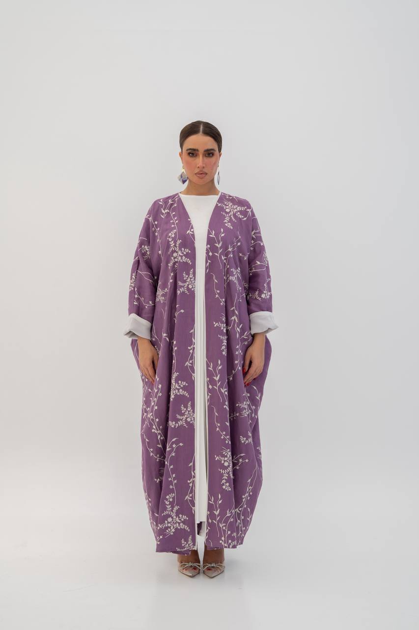 Linen abaya in purple with embroidery. C:6784