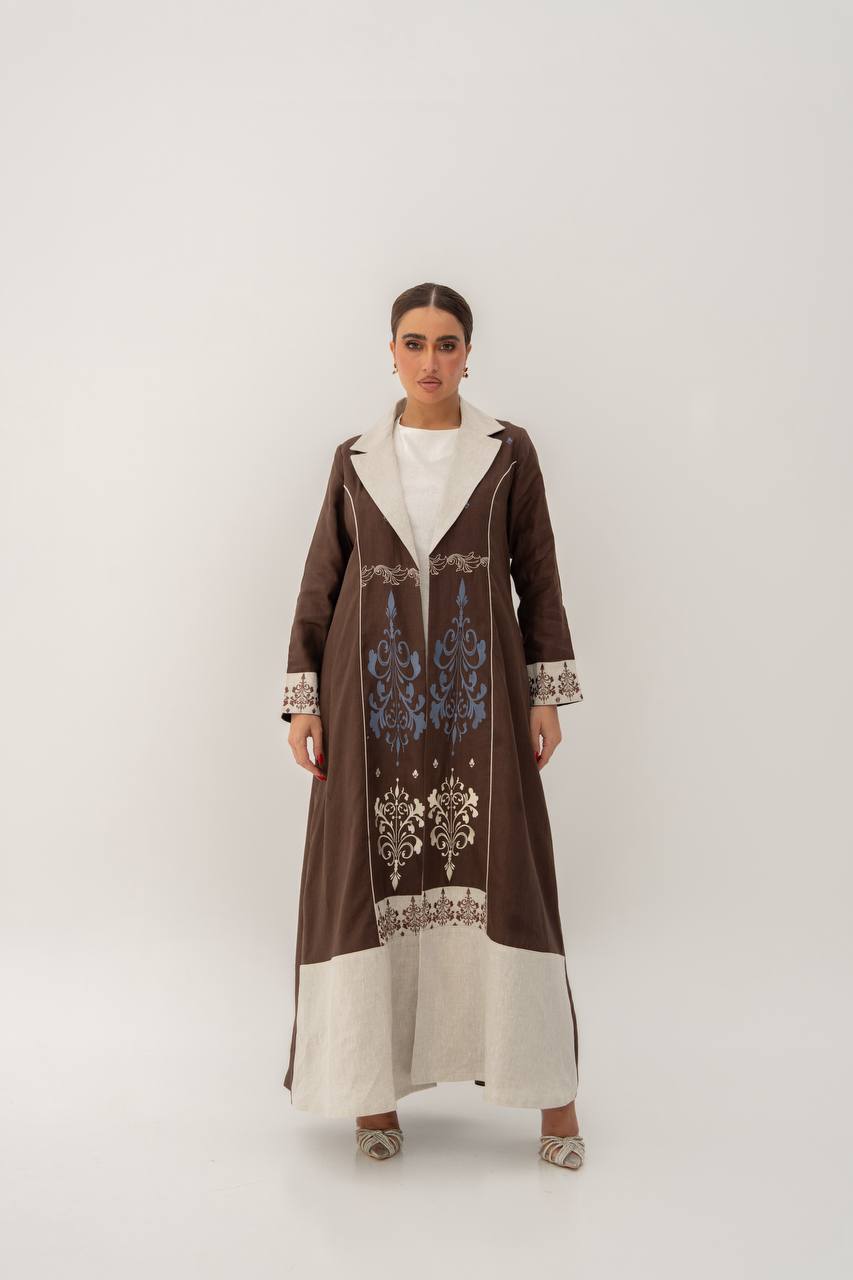 Linen abaya in brown with embroidery.C:6783 Brown