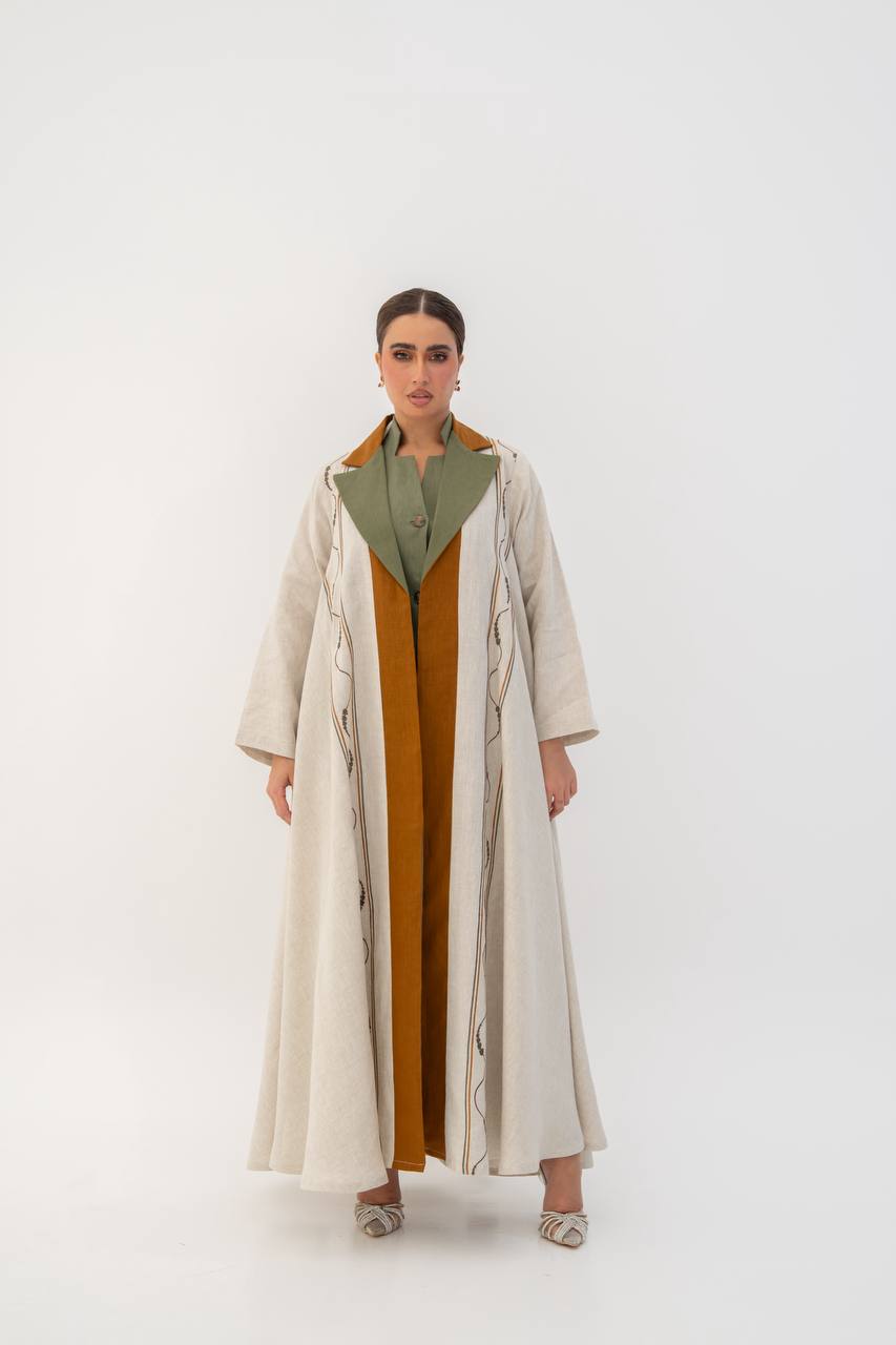 Beige linen abaya with embroidery. C:6787