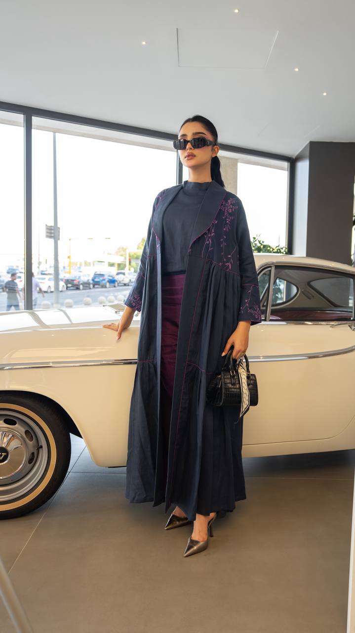 Linen abaya in navy blue with embroidery.C:6786