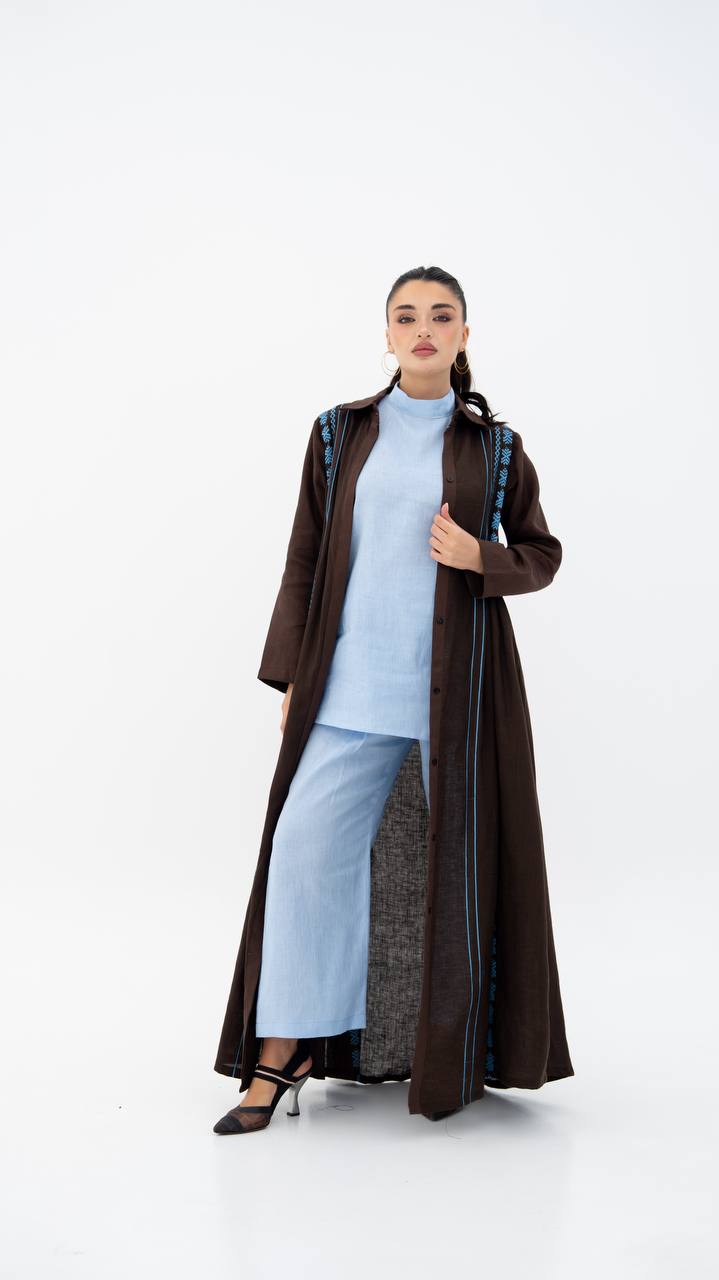 Linen abaya in brown with embroidery.C:6683