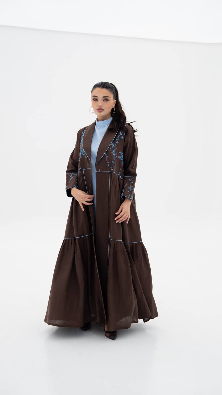 Beige linen abaya with embroidery.C:6786
