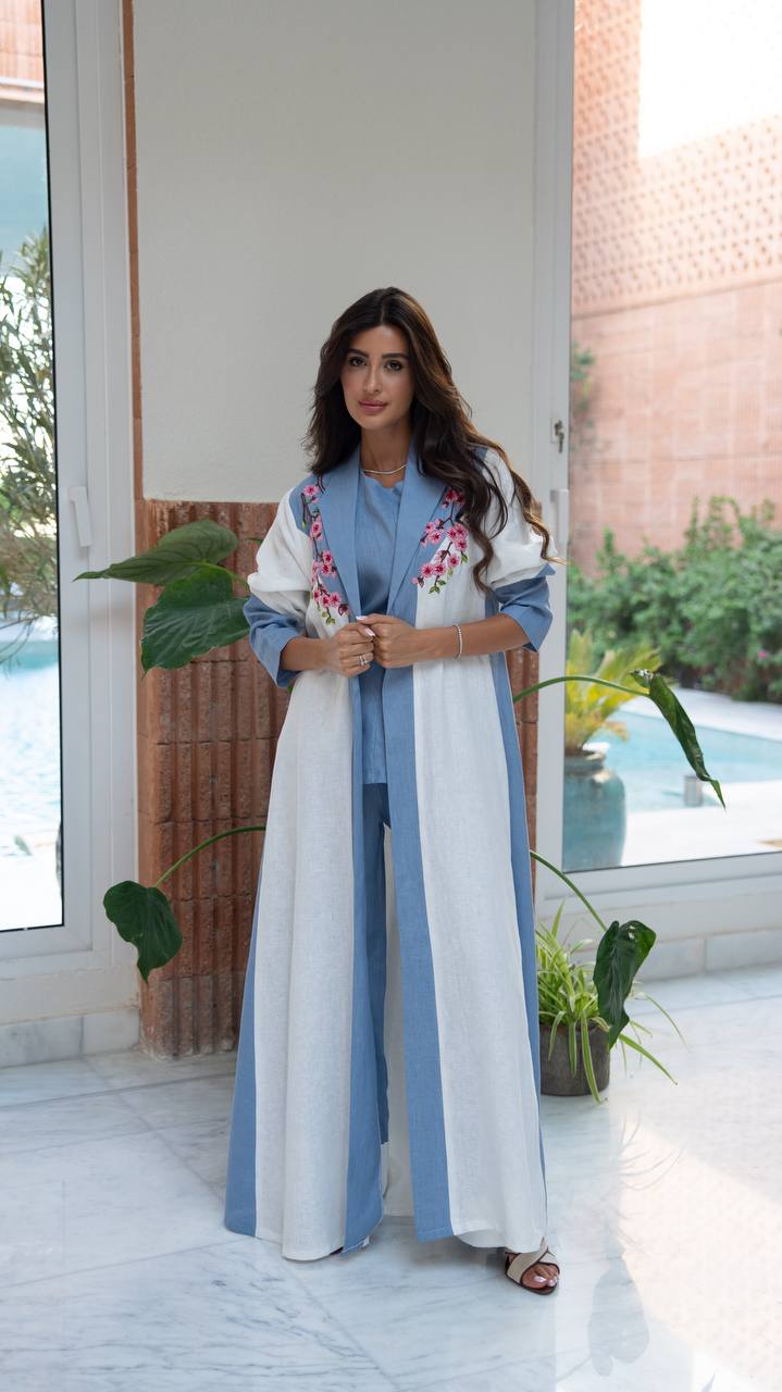 Blue and white linen blazer abaya with embroidery.C:6807