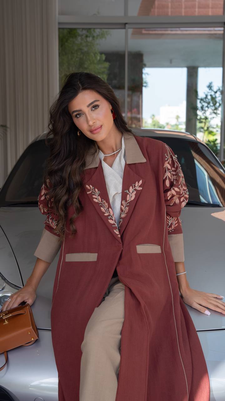 Burgundy linen blazer abaya with embroidery.C:6797