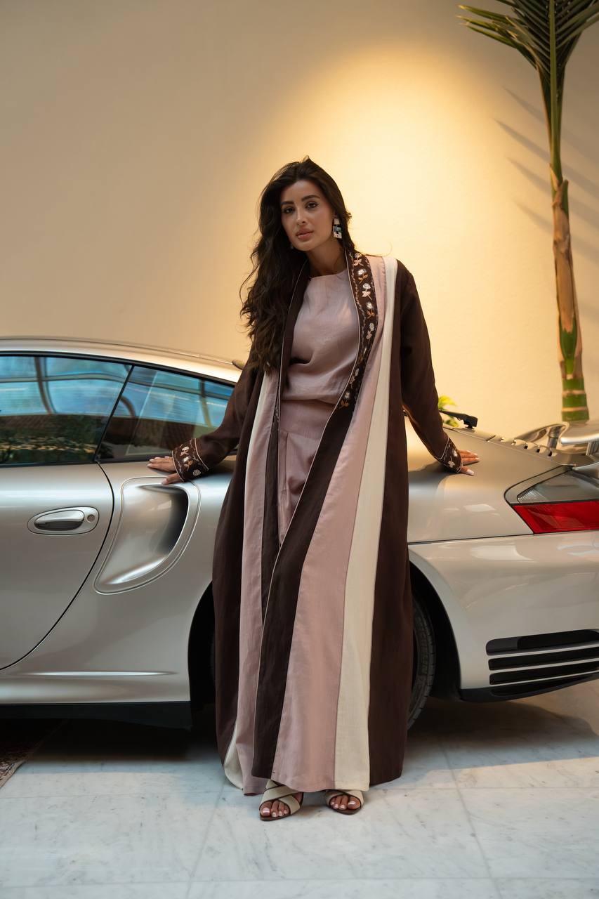 Linen abaya in brown with embroidery.C:6799