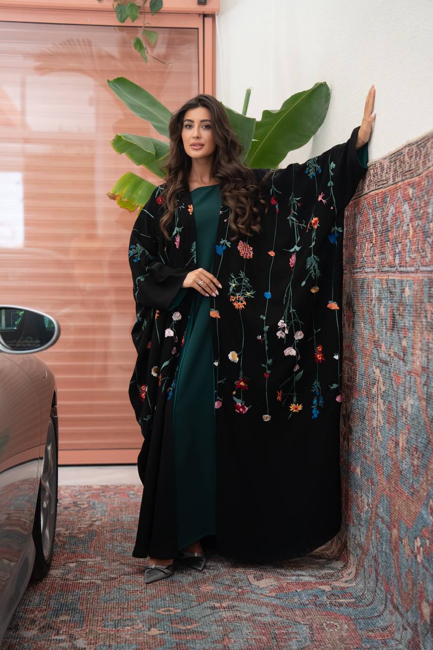 Black linen abaya with embroidery.C:6802