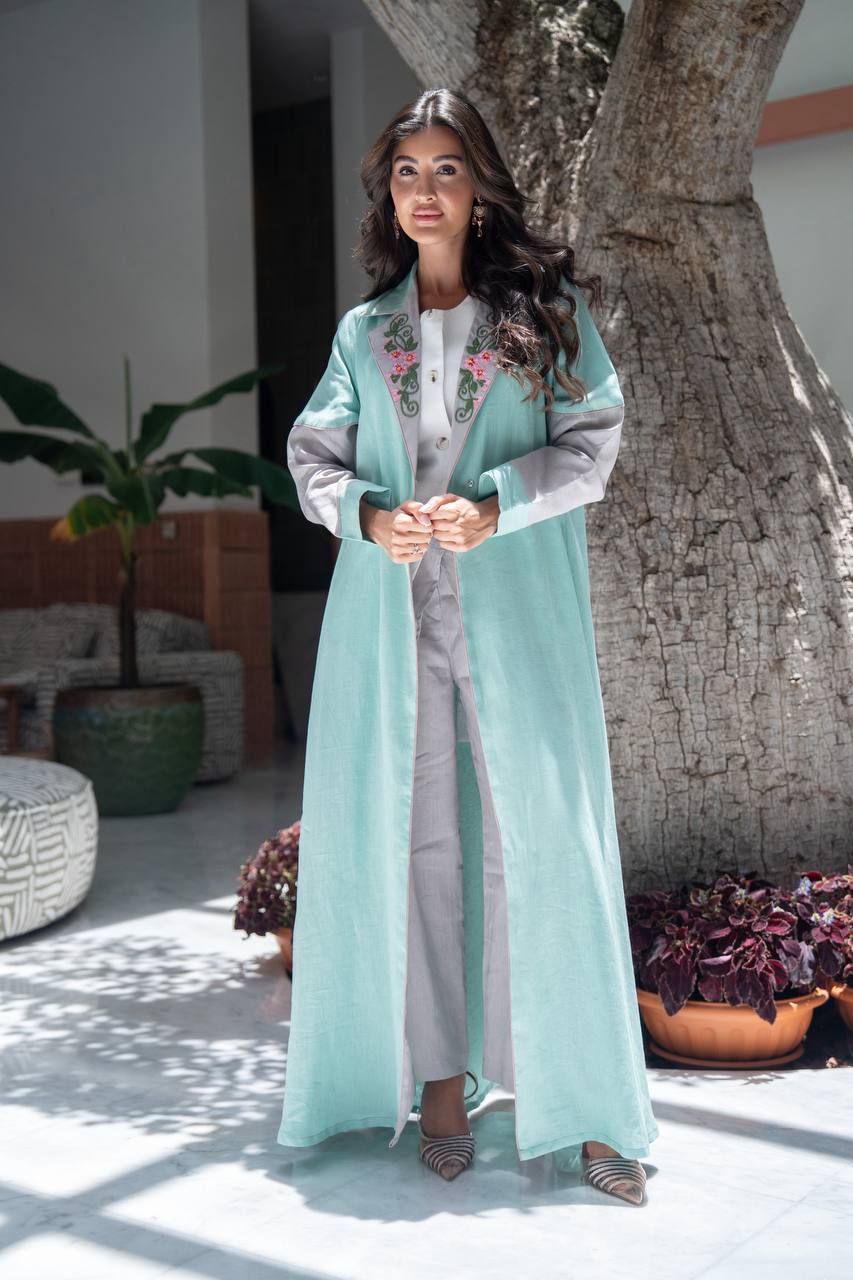 Turquoise linen blazer abaya with embroidery. C:6803