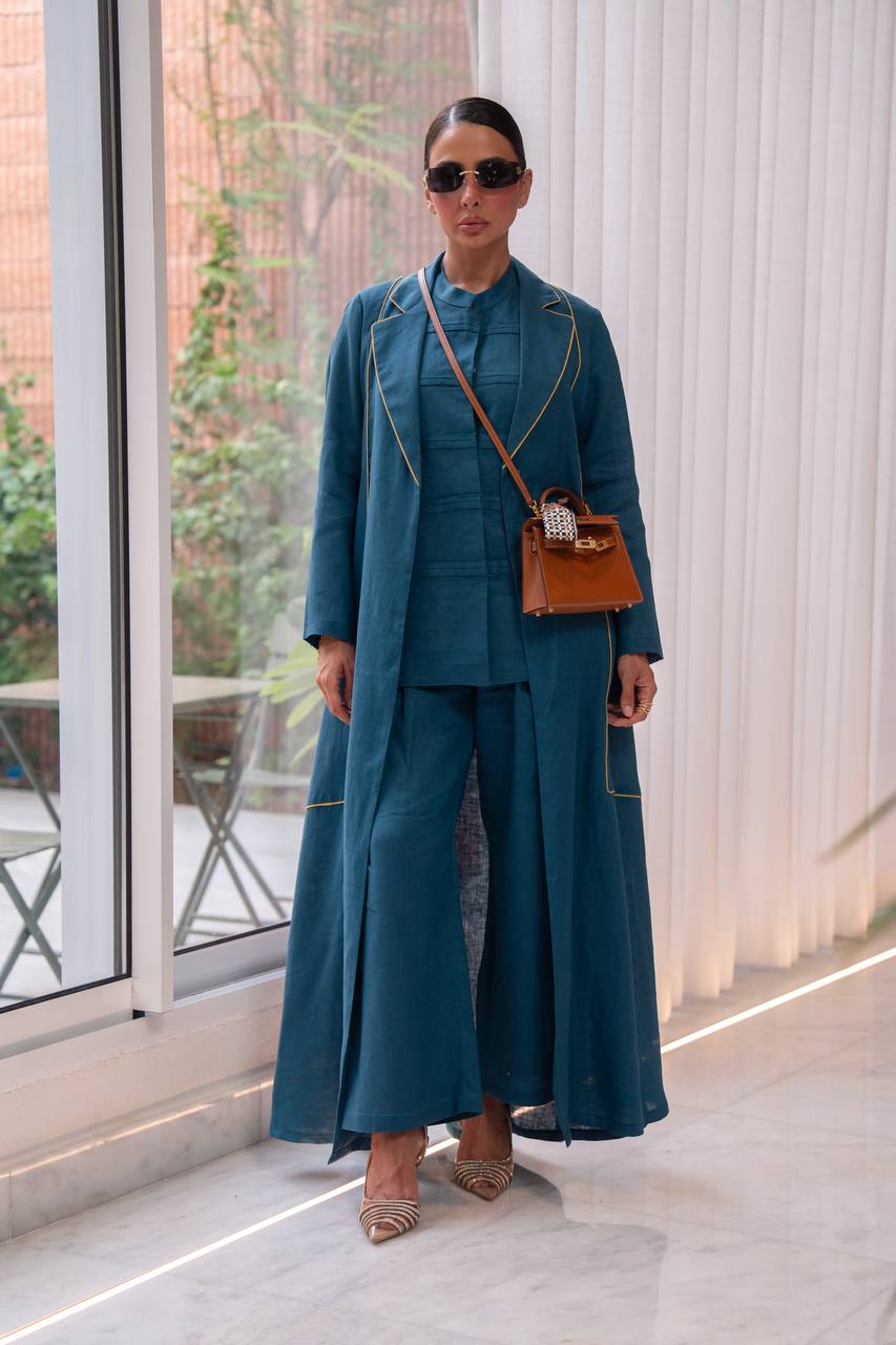 Turquoise linen abaya.C:6805