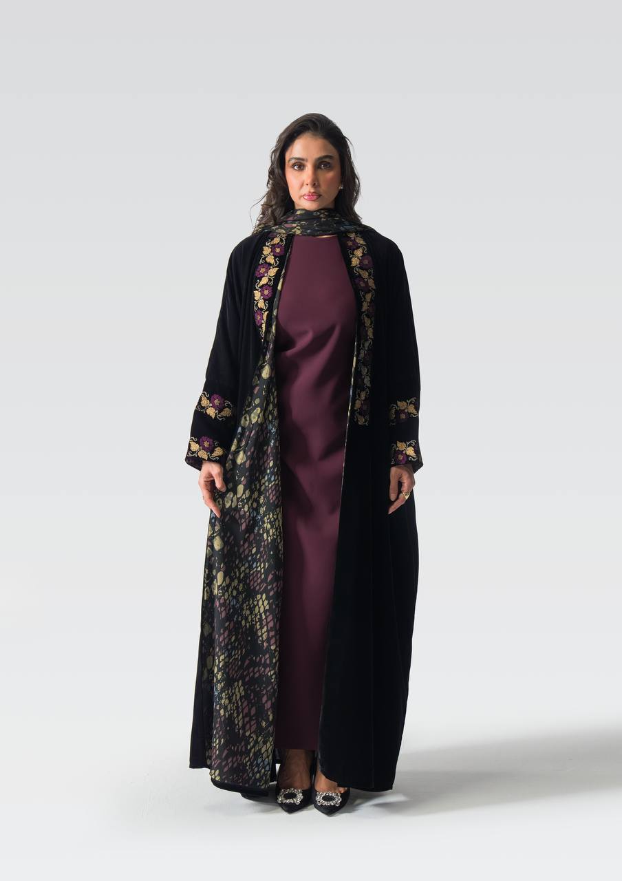 Black velvet bisht with embroidery.C:6833