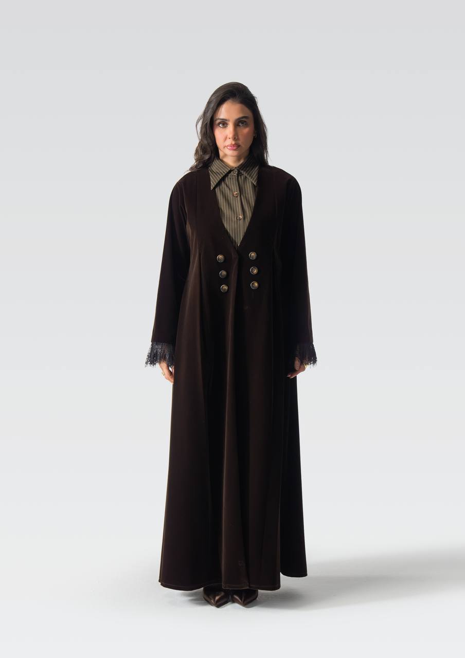 Velvet abaya with striped crepe and lace.C:6837