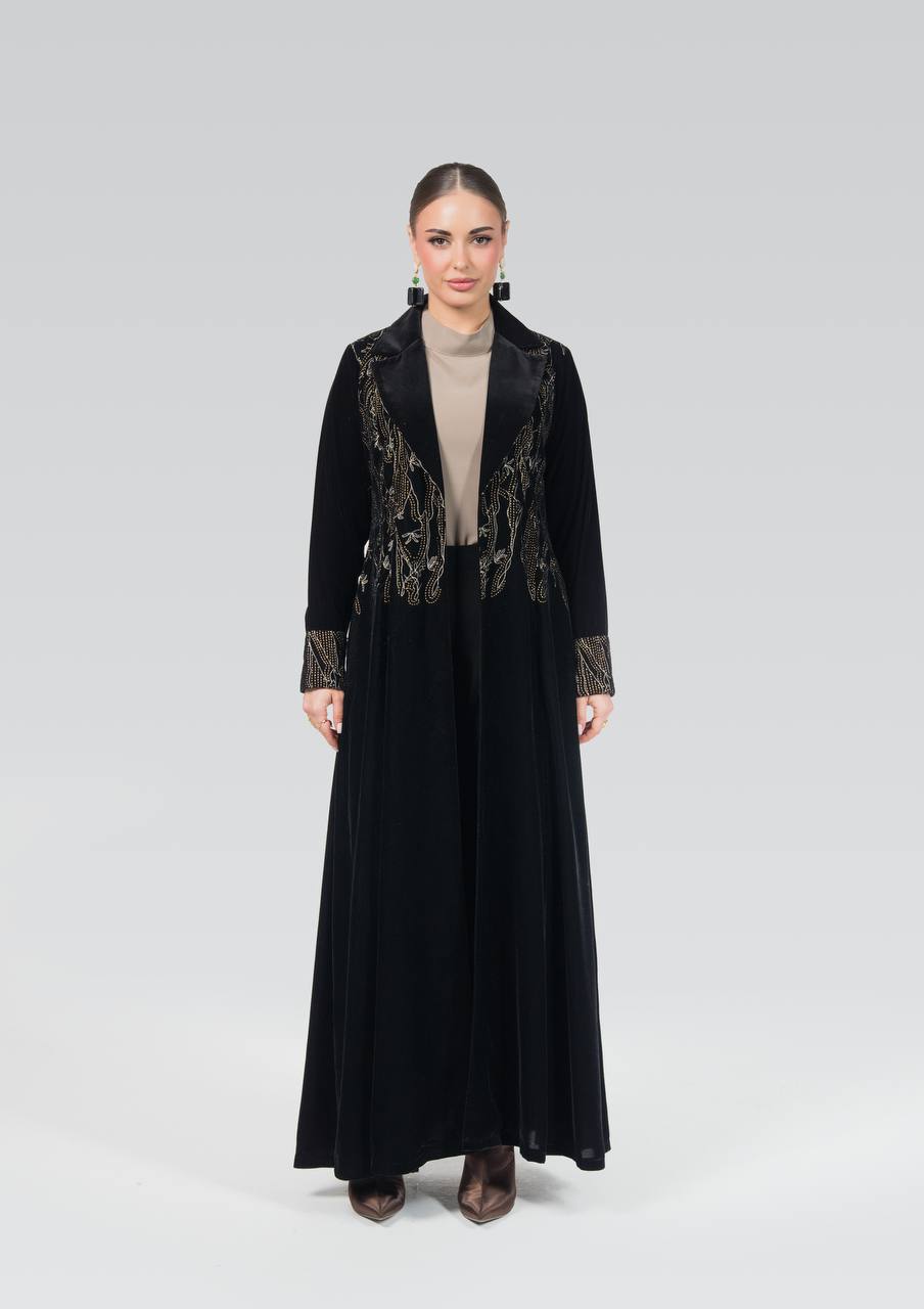 Black velvet abaya with embroidery and hand-beading.C:6840