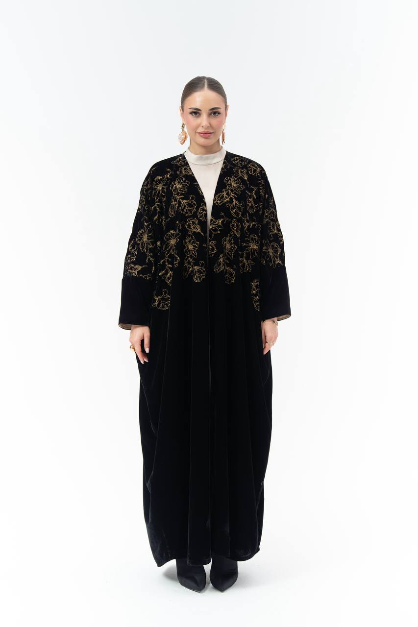 Black velvet Bisht-style abaya with embroidery.C:6843