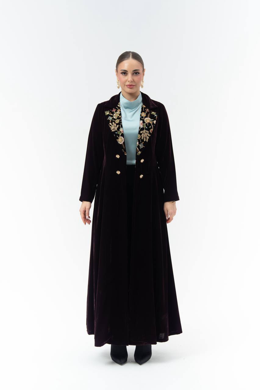 Burgundy velvet abaya with embroidery.C:6845