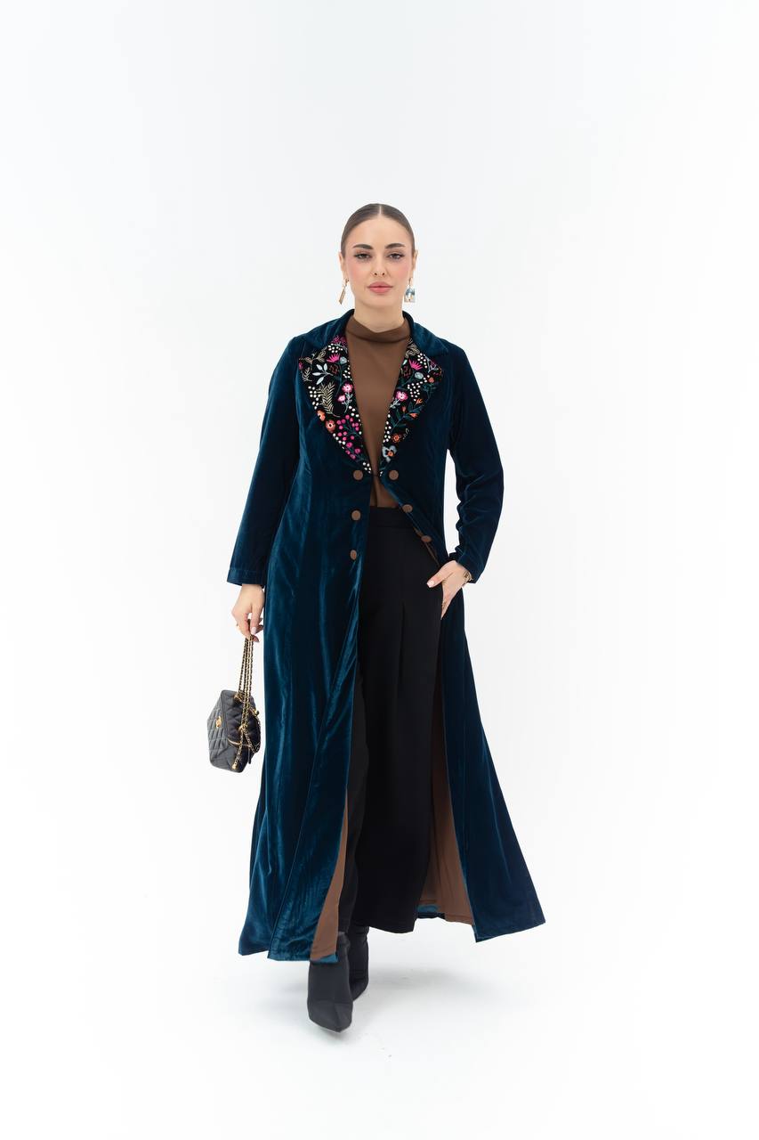 Navy blue velvet abaya with embroidery.C:6845 Blue