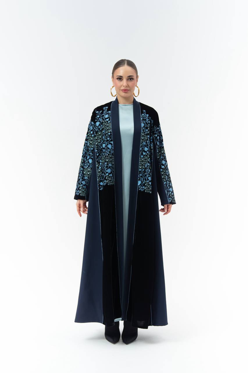 Embroidered velvet and crepe abaya.C:6835Blue