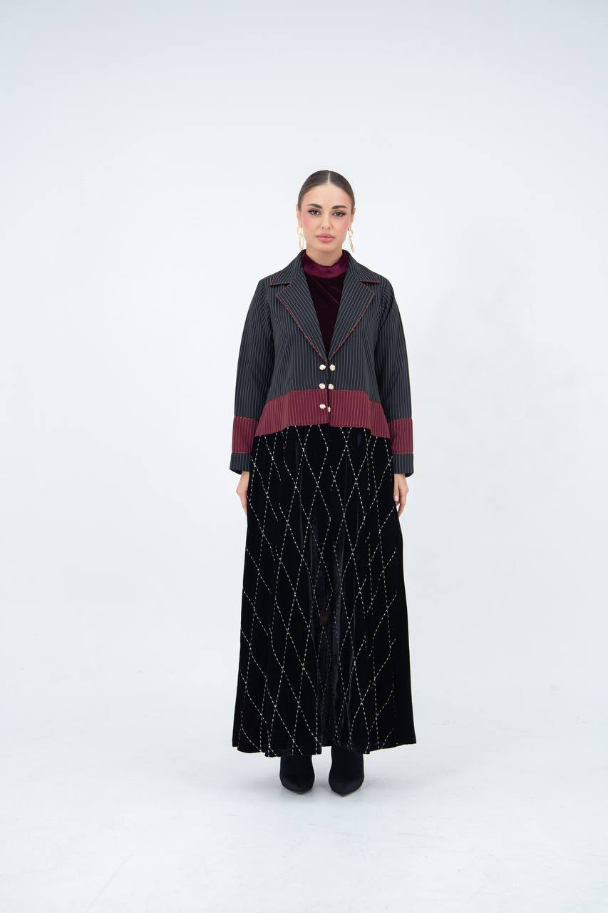 Striped crepe abaya with embroidered velvet.C:6848