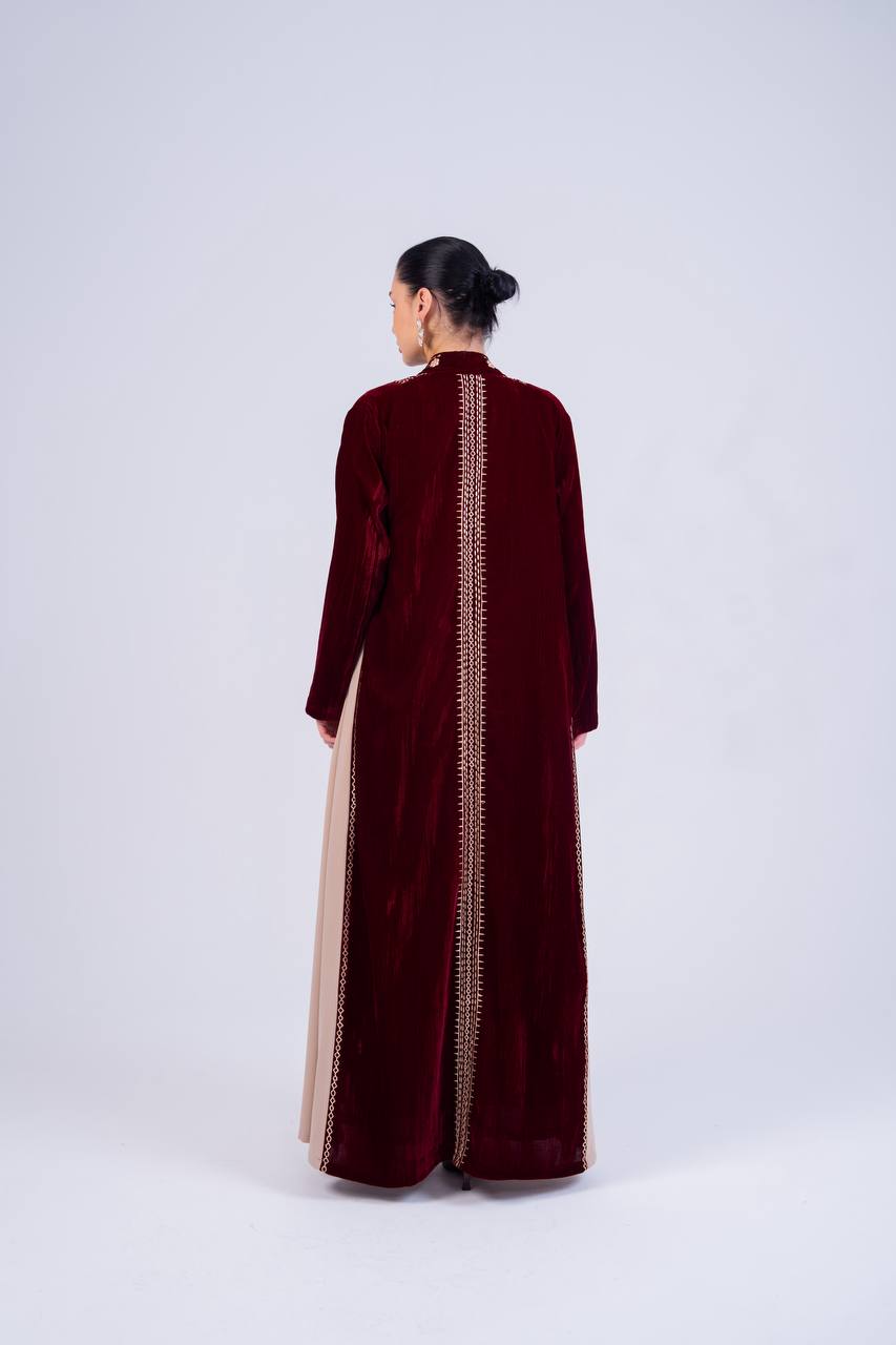 Velvet and crepe abaya with embroidery.C:6852