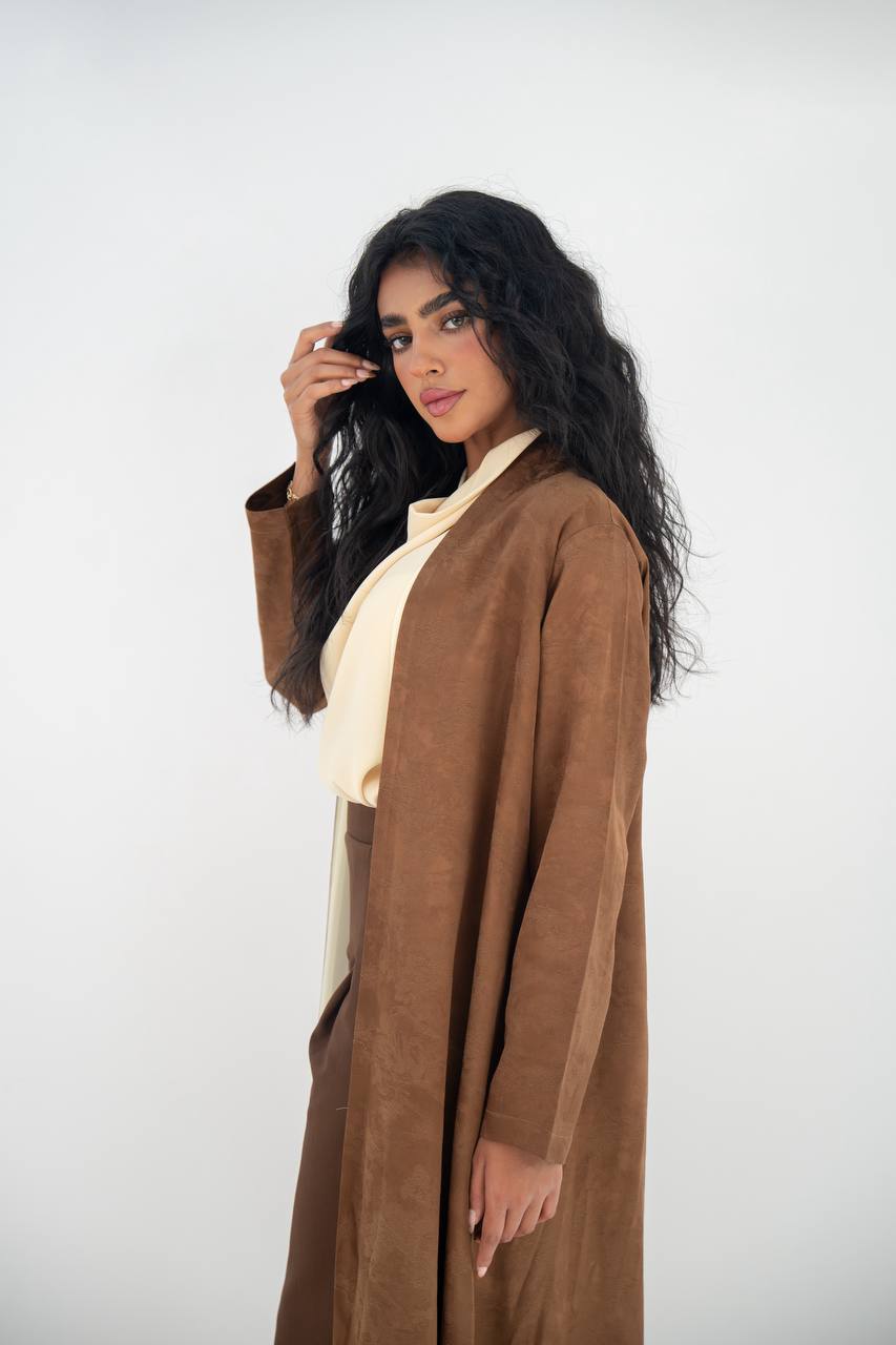 Honey-colored crepe jacquard abaya C:6645 Brown