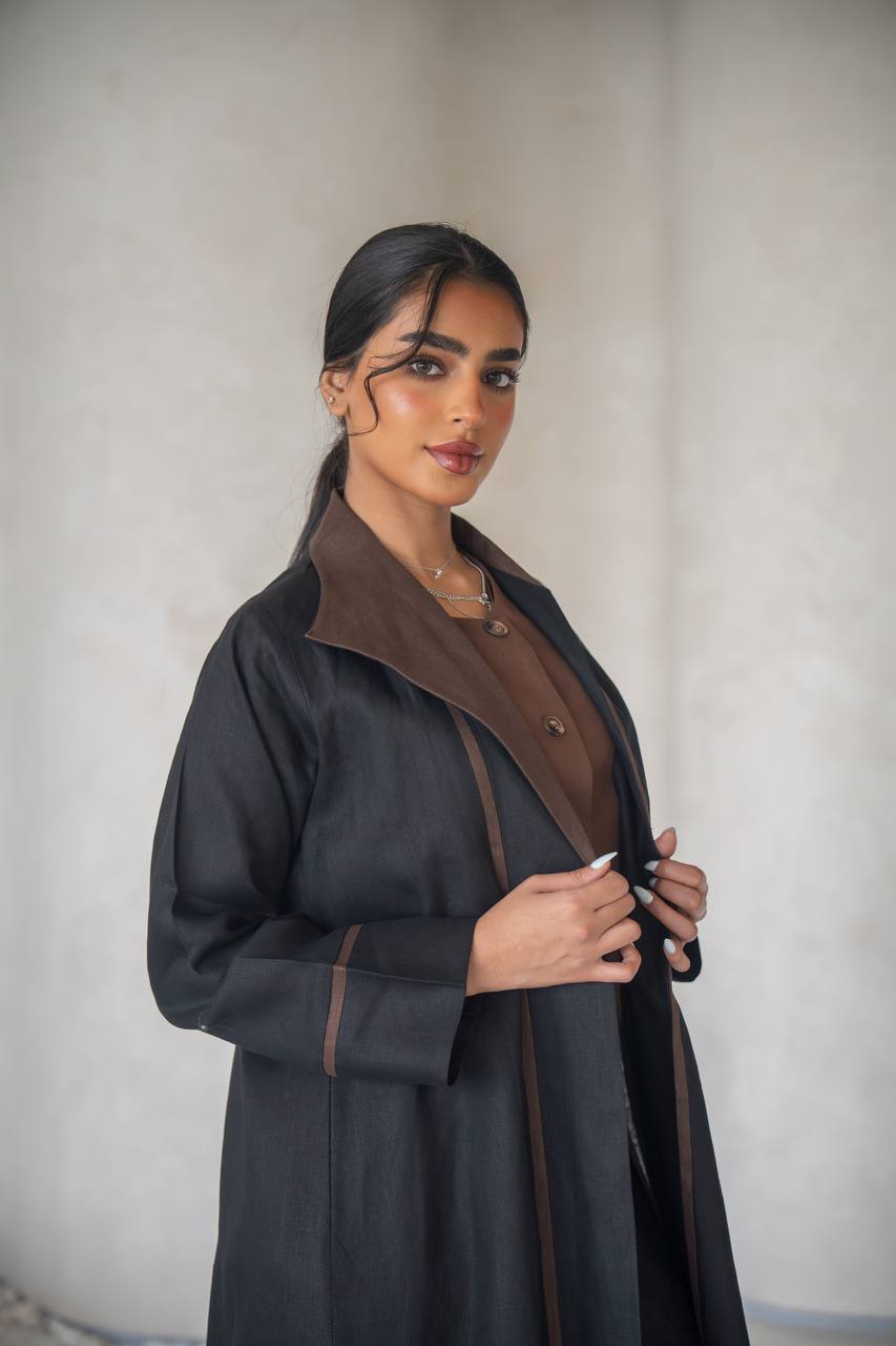 Black blazer abaya with inner set, made of linen C:6636 Black-Brown
