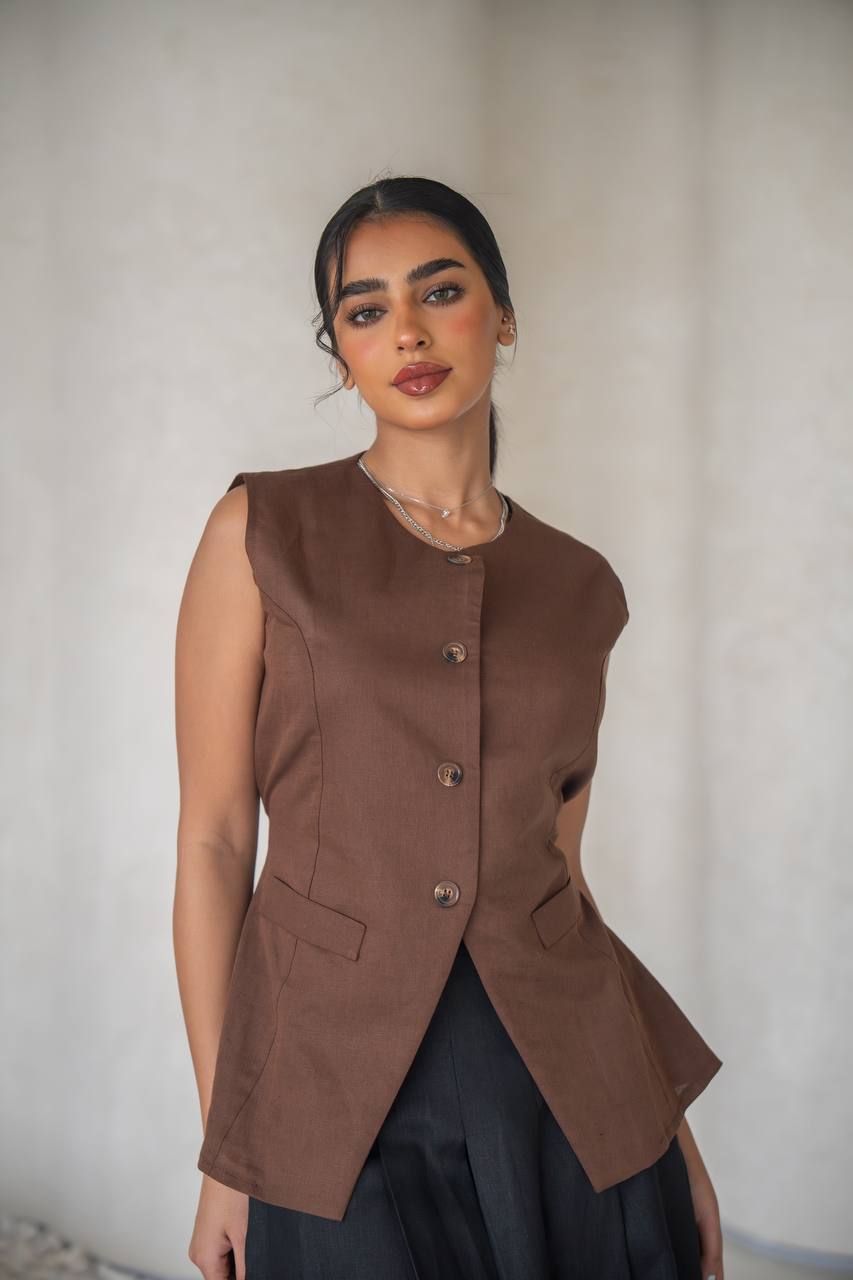 Brown vest set with black linen skirt C:204 Brown - black