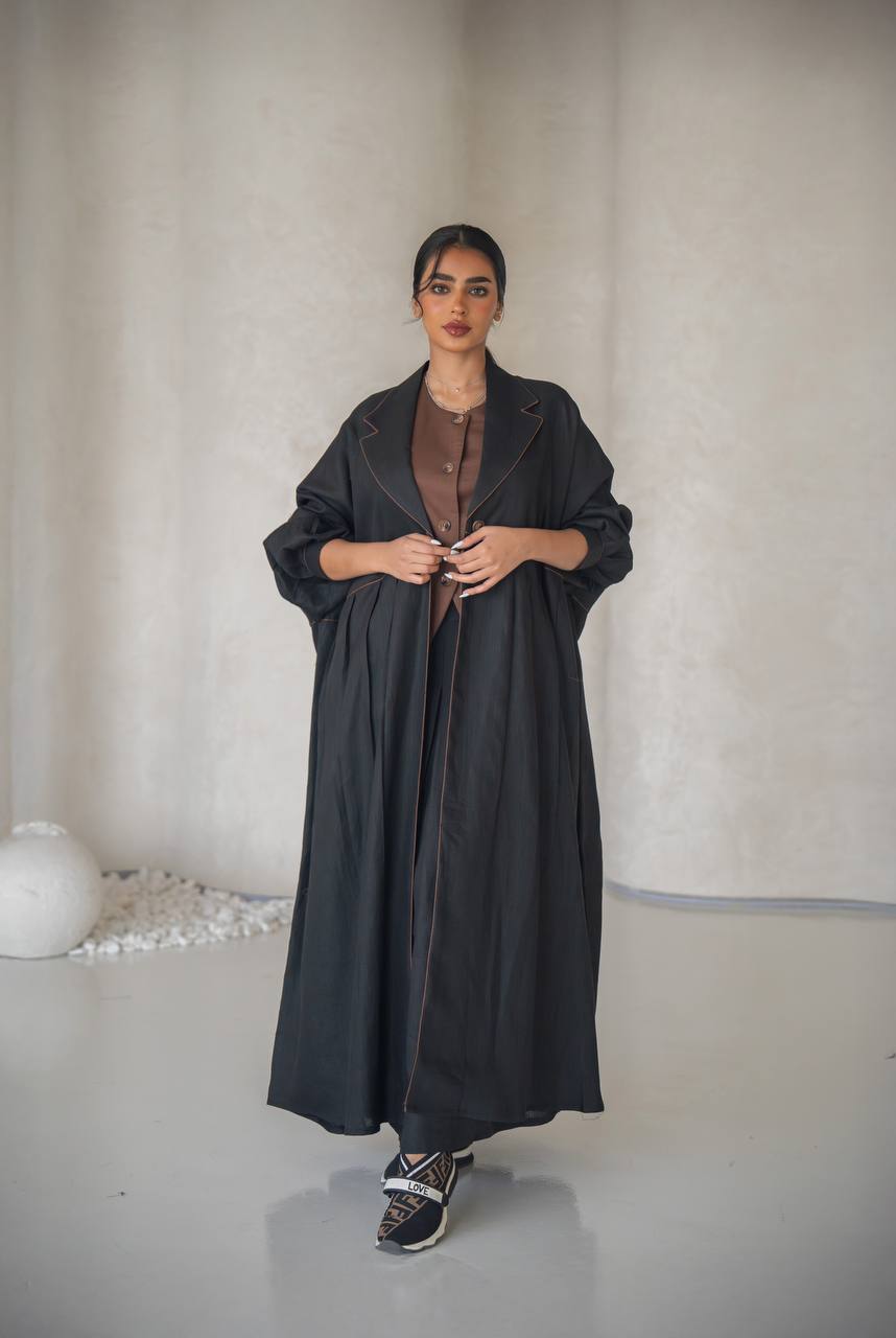 Free size black abaya with inner set, linen C:6641 (free size)