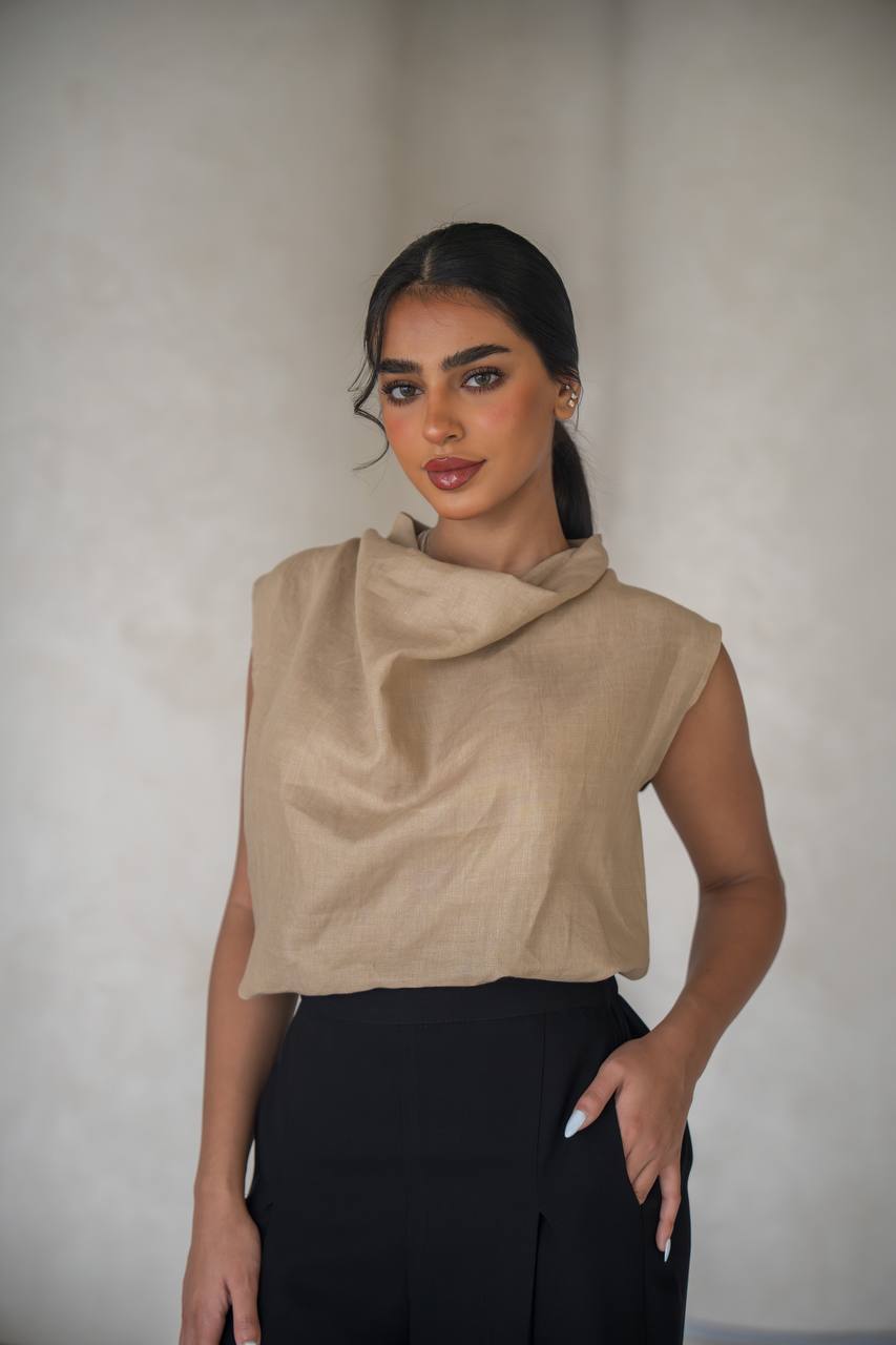 Beige linen blouse and black pants set C:150 Biege-black
