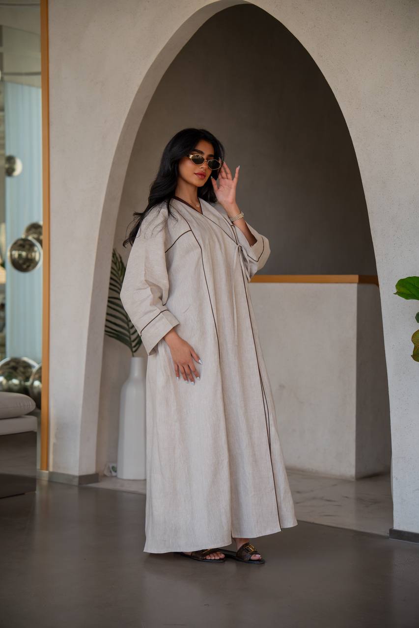 Abaya with inner set, beige, linen C:6635 (Free size)
