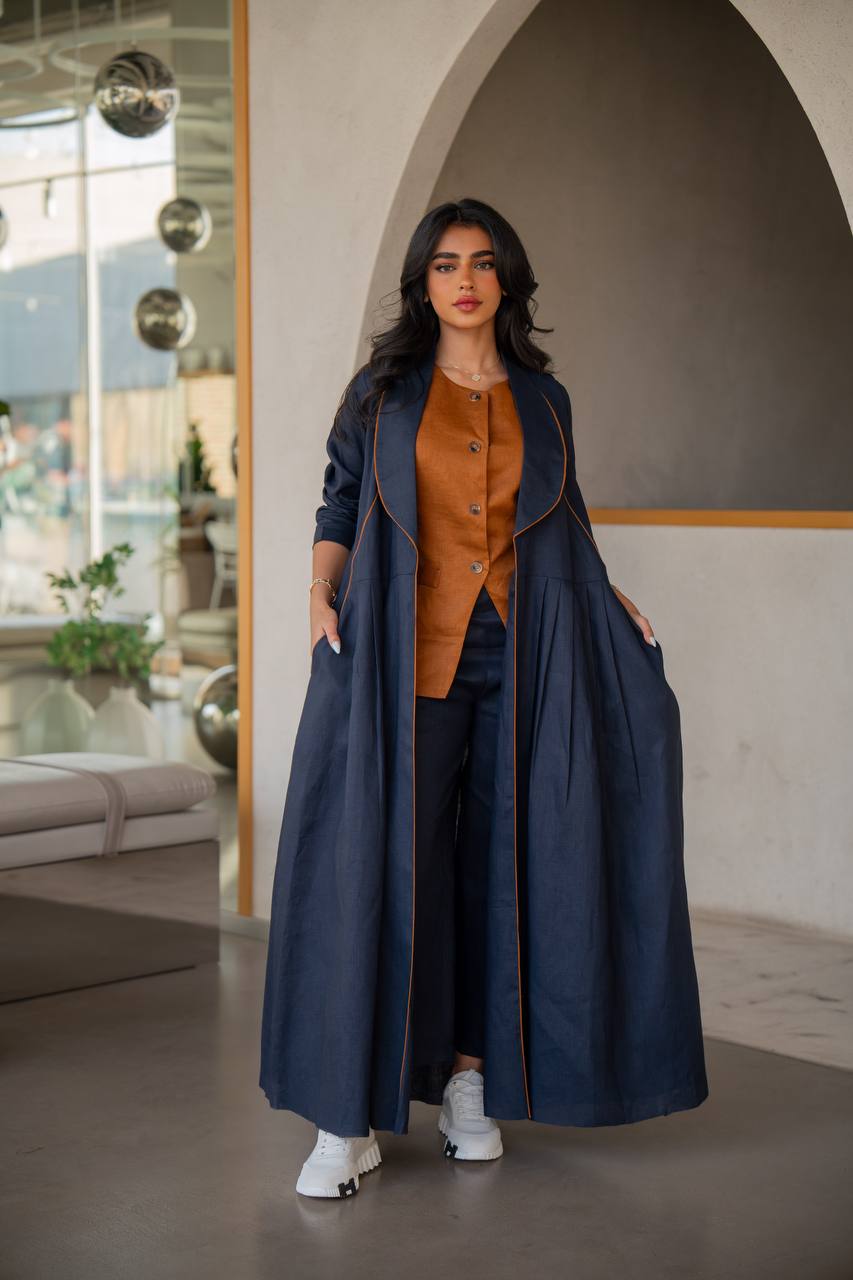 Navy blue linen abaya with inner set C:6633 Blue