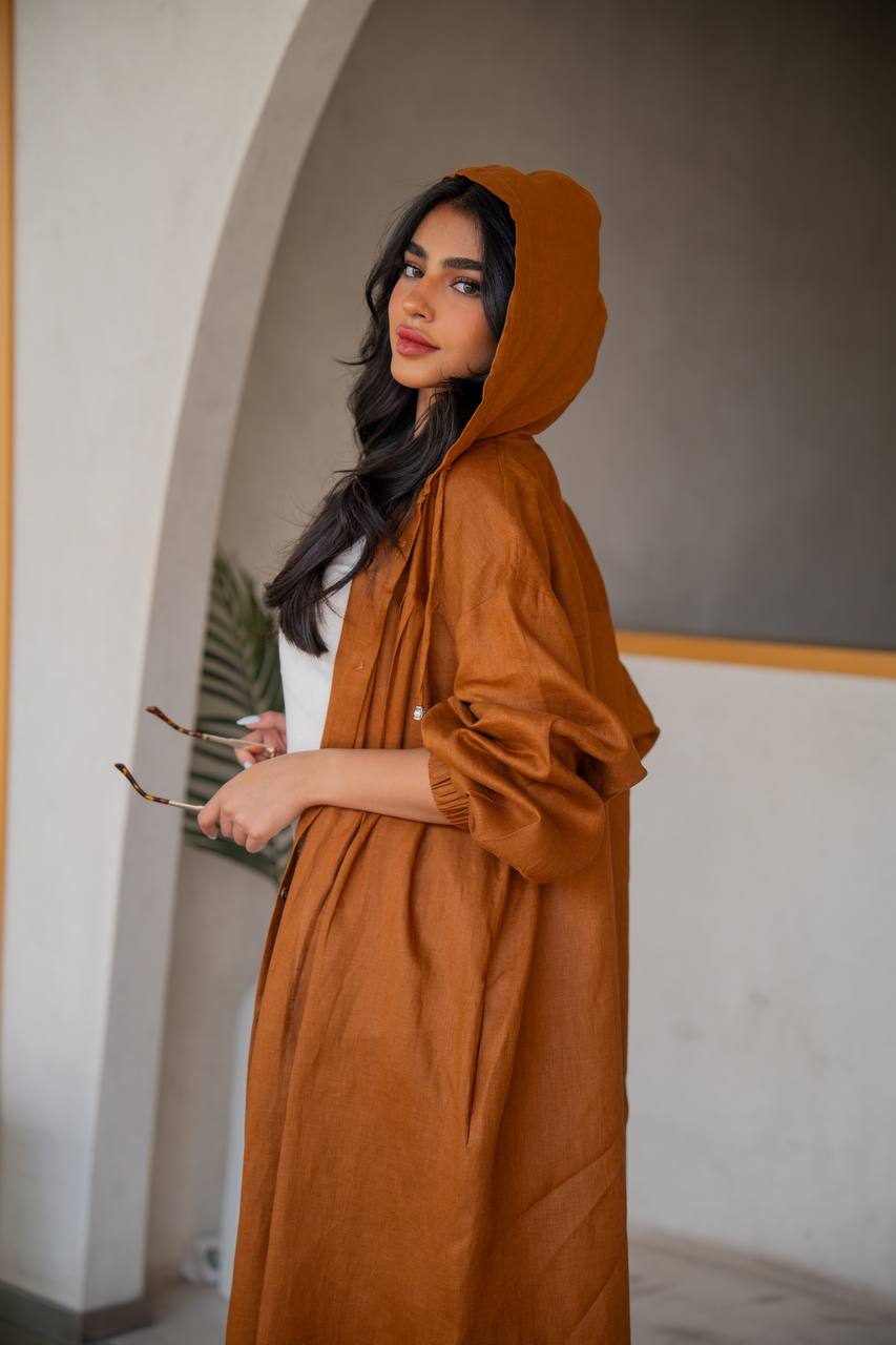 Free size linen abaya in camel color, with inner set C:6634 (Free size)